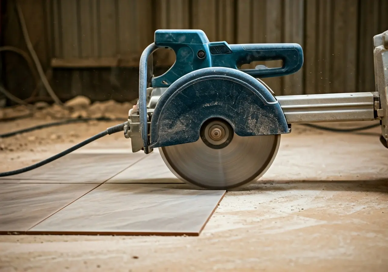 A tile saw cutting through a ceramic tile with precision. 35mm stock photo