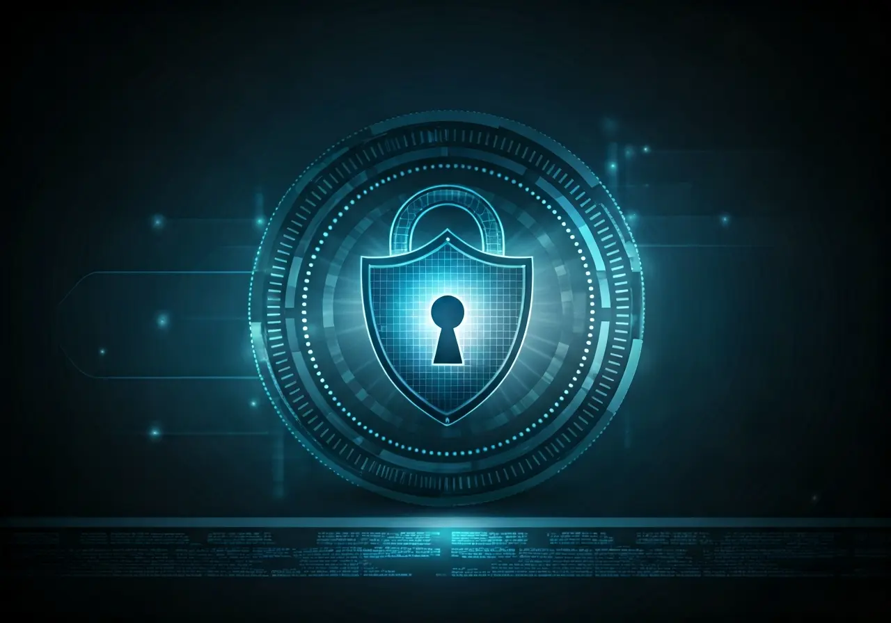 A padlock and shield symbol on a digital background. 35mm stock photo