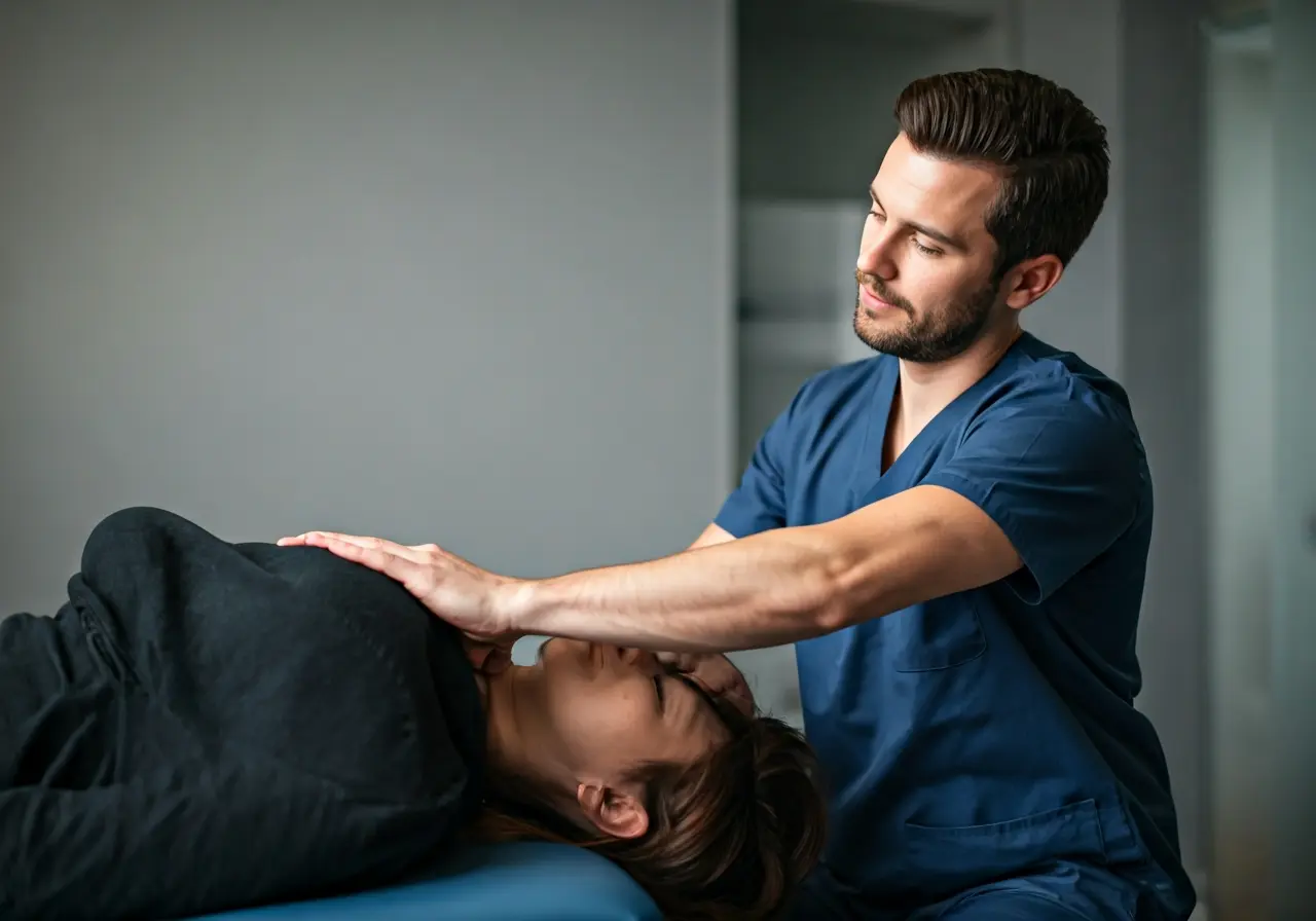A chiropractor adjusting a patient&rsquo;s spine in a wellness clinic. 35mm stock photo