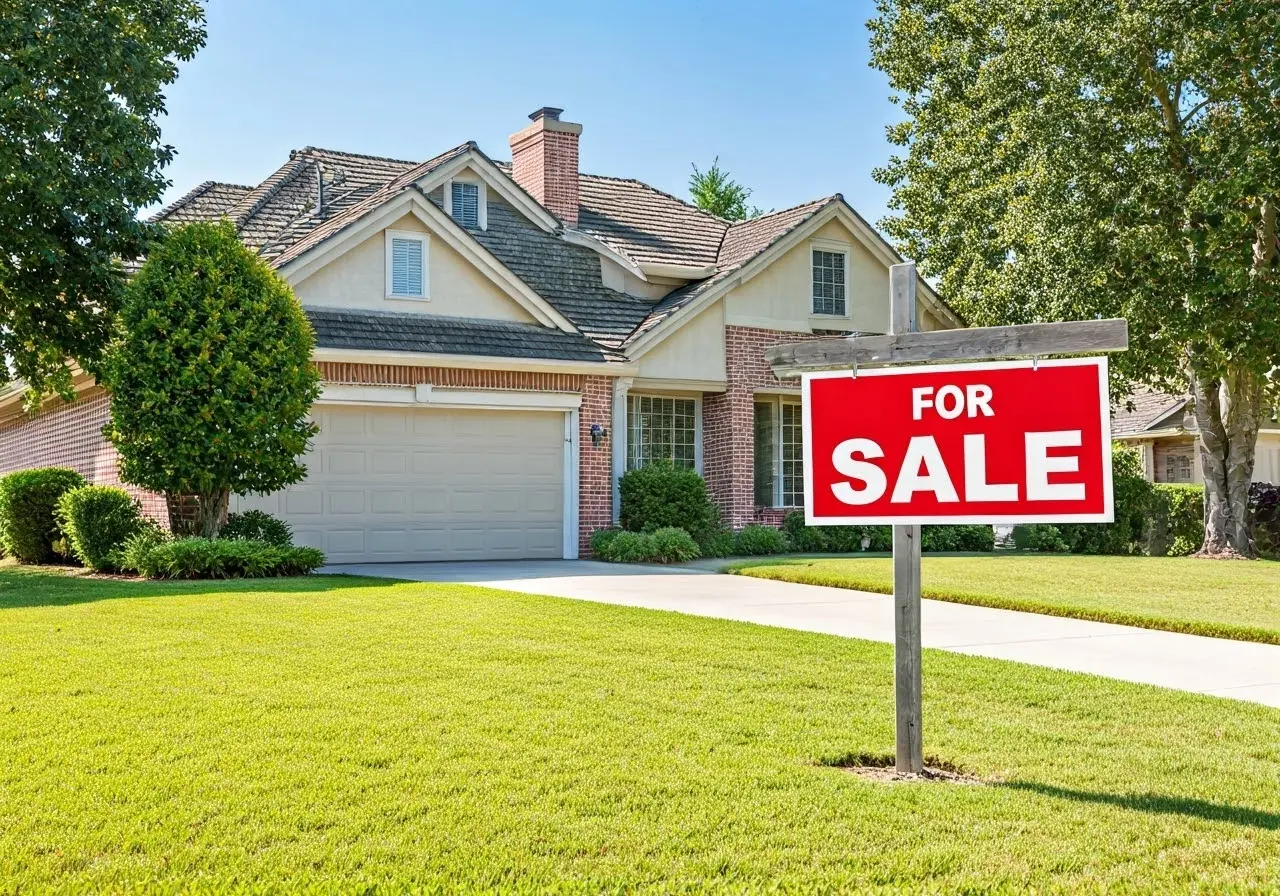 A house with a For Sale sign on the lawn. 35mm stock photo