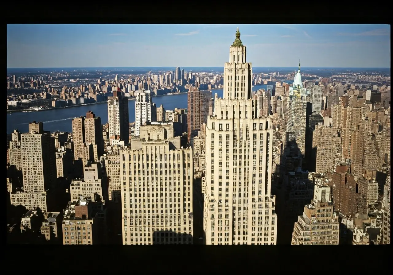 Aerial view of Kips Bay Towers amidst Manhattan skyline. 35mm stock photo