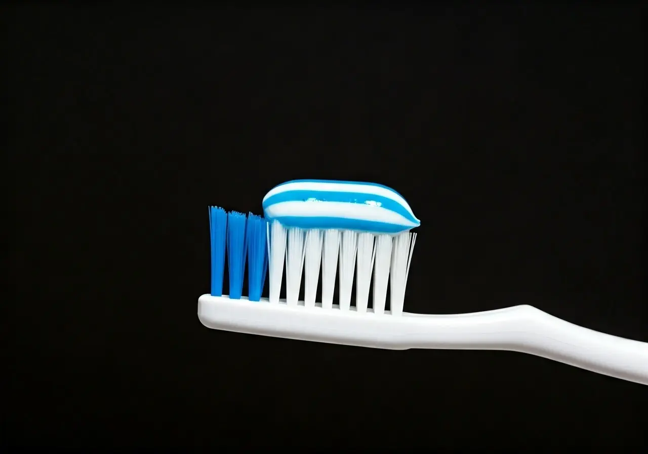 A close-up of a toothbrush with toothpaste on it. 35mm stock photo