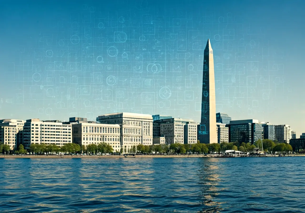 A dynamic skyline of Washington DC with tech-themed graphics. 35mm stock photo