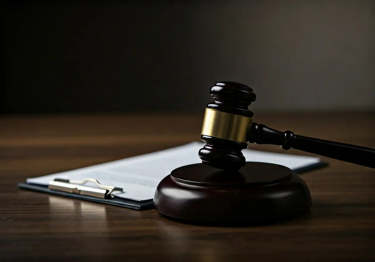 A gavel resting on a legal document in an office. 35mm stock photo