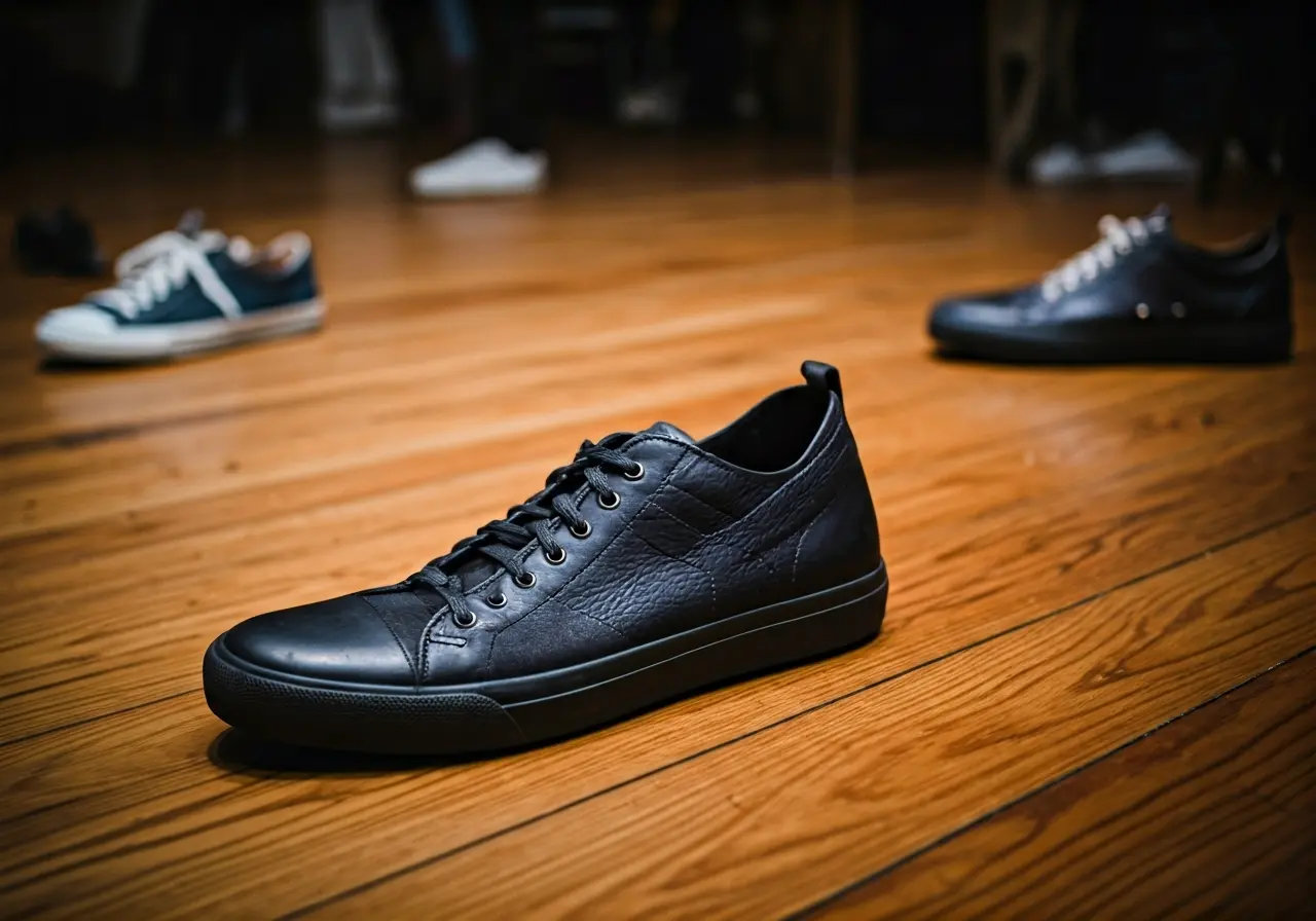 A display of unique foot-shaped sneakers on a wooden floor. 35mm stock photo