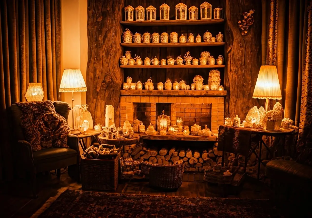 A cozy living room showcasing handmade decorative crafts and gifts. 35mm stock photo