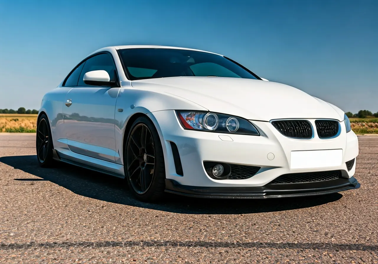 A pristine car gleams under sunlight, showcasing its ceramic coating. 35mm stock photo
