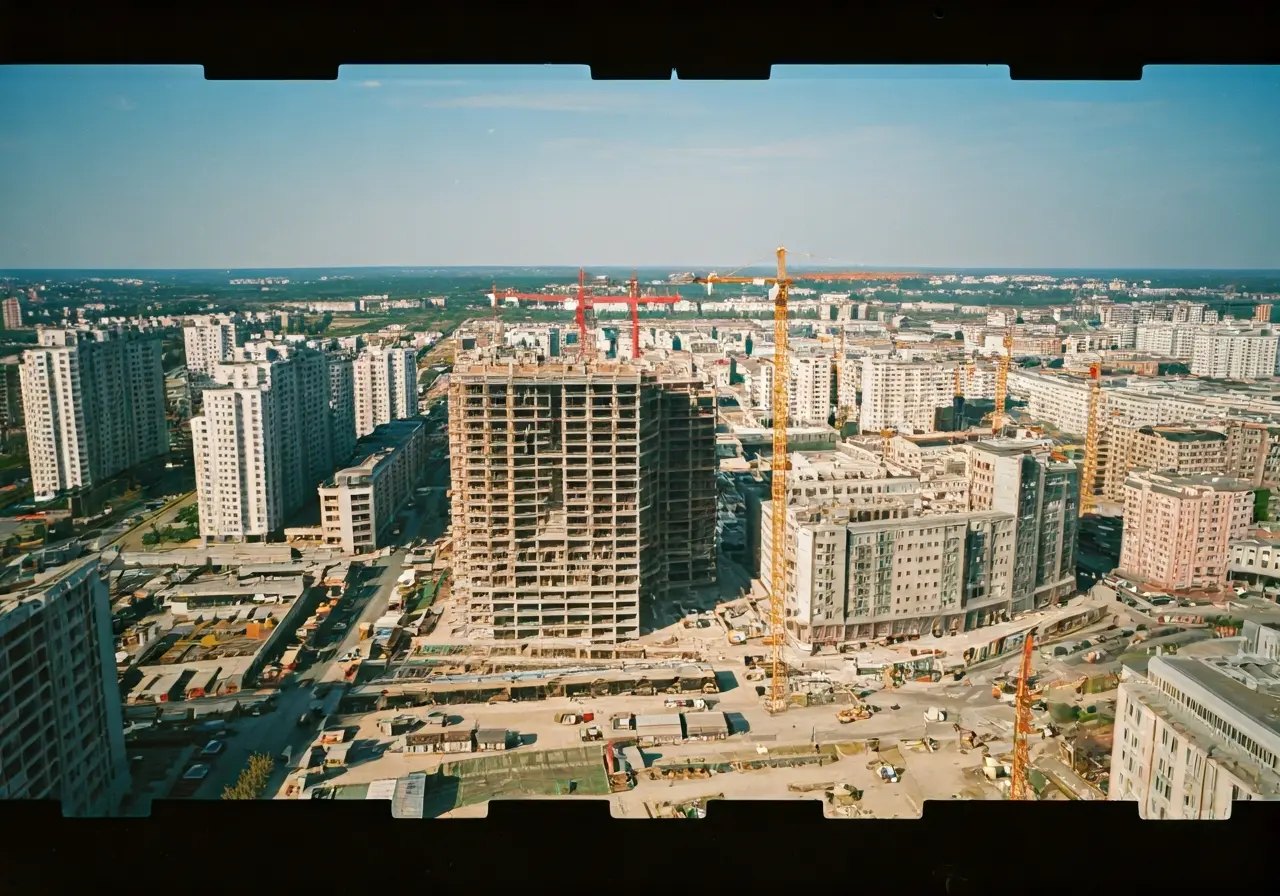 Aerial view of urban landscape with construction cranes. 35mm stock photo