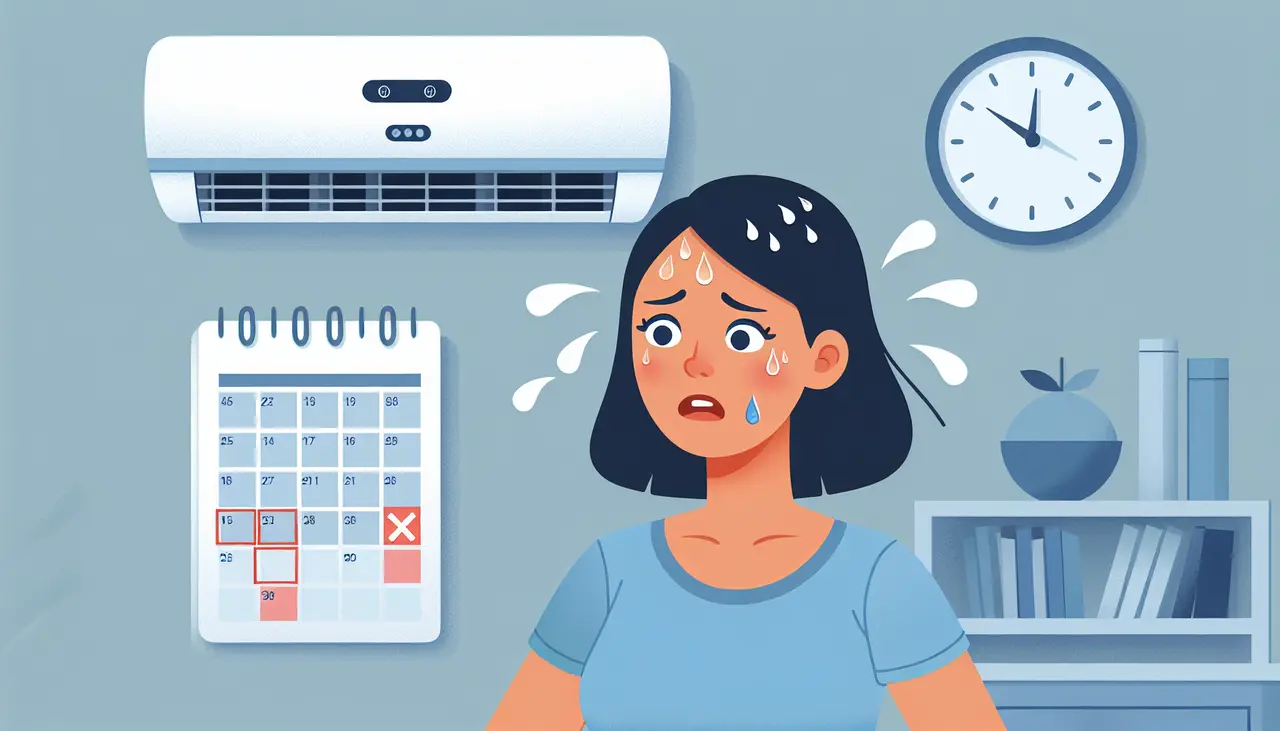 Draw a graphic in flat design style. An image of a worried homeowner sweating in front of a non-working air conditioner, with a calendar showing overdue dates.