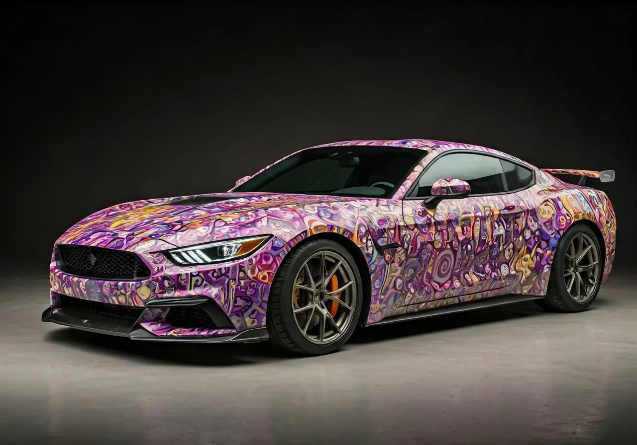 A vibrant sports car covered in colorful vinyl graphics. 35mm stock photo