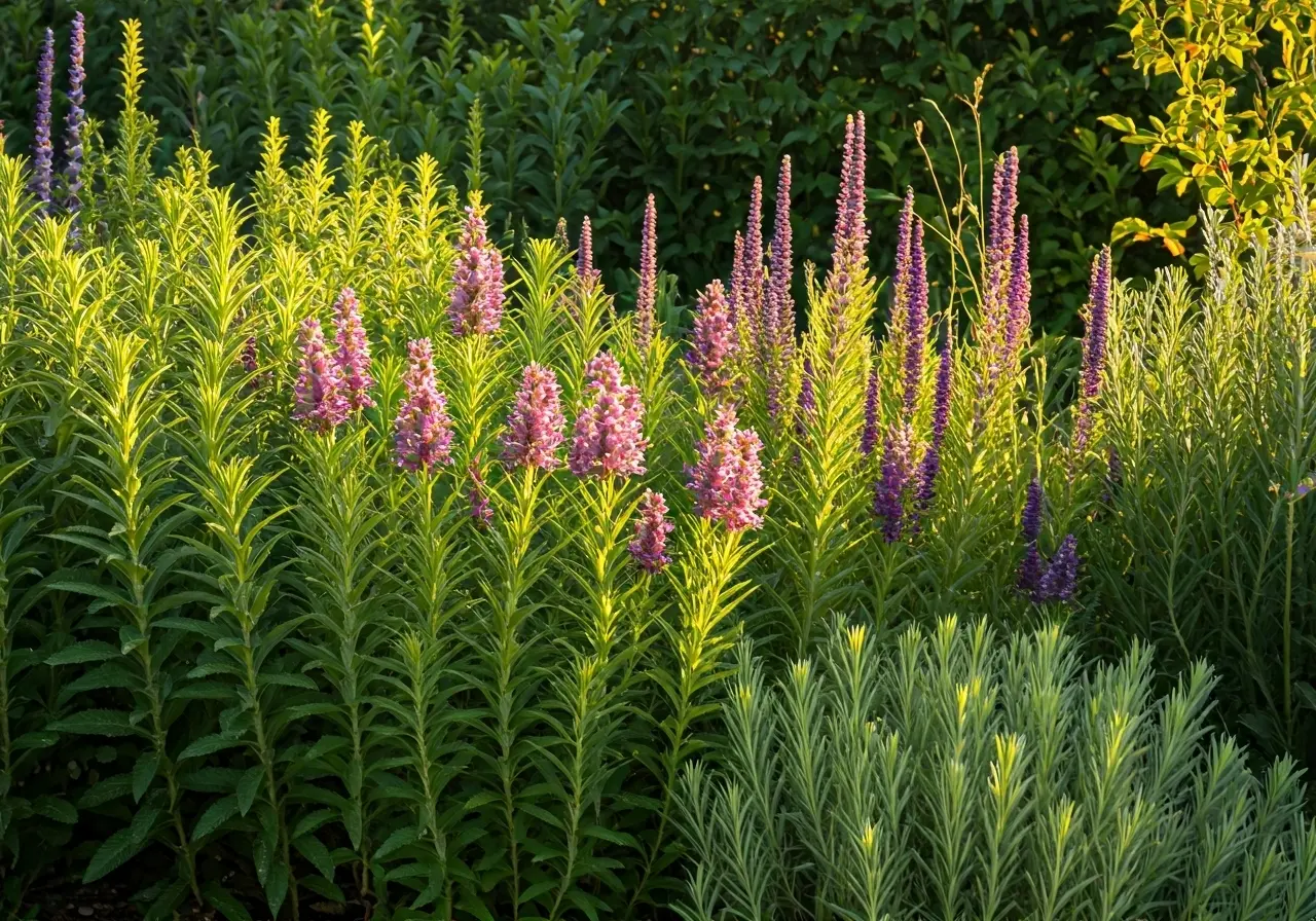 A serene herbal garden with healing plants in sunlight. 35mm stock photo