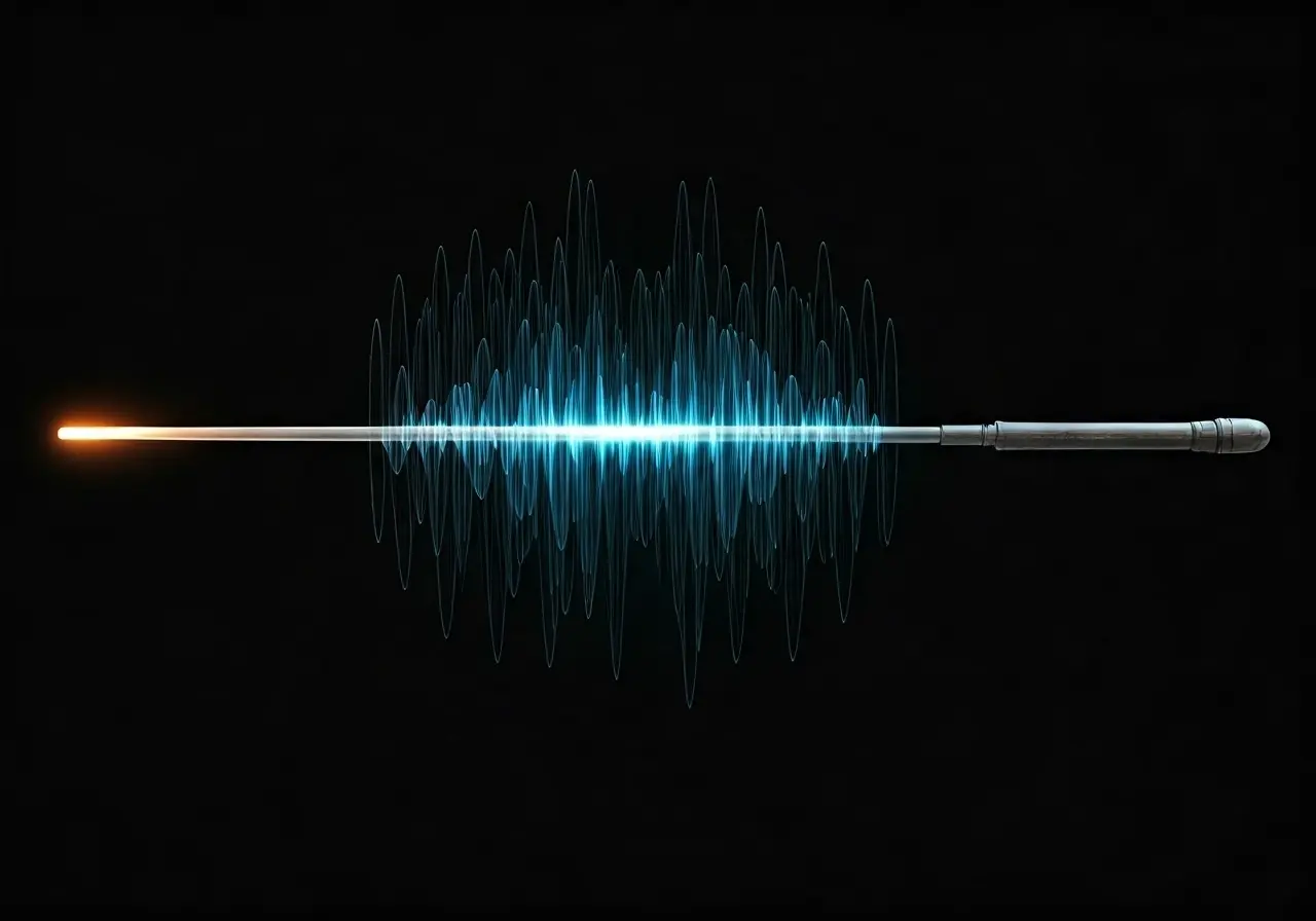 A futuristic wand emitting a glowing terahertz wave pattern. 35mm stock photo