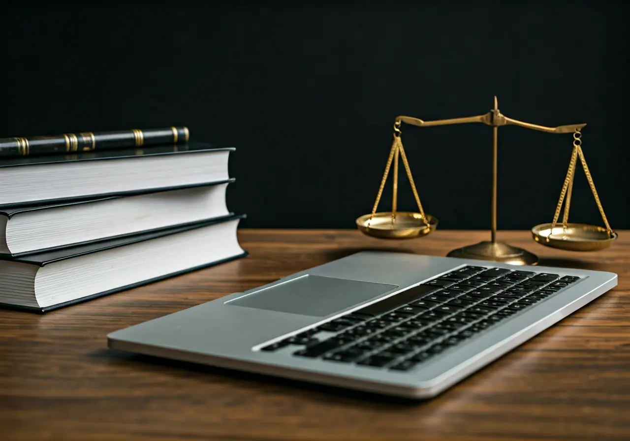 A laptop on a desk with legal textbooks and scales. 35mm stock photo