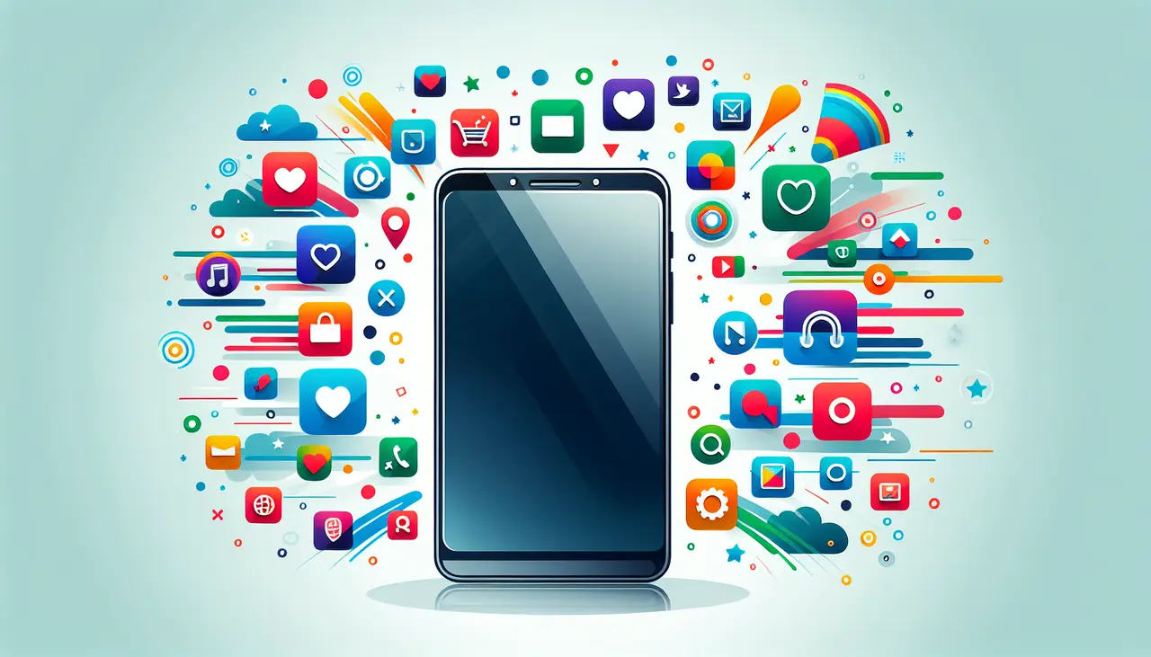 Draw a graphic in flat design style. Illustrate a smartphone with various app icons orbiting around it, symbolizing customization and transformation, using vibrant flat design colors.