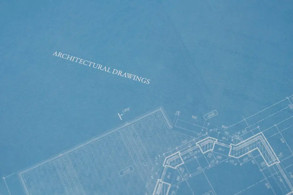 Close-up view of architectural blueprint with technical drawings.
