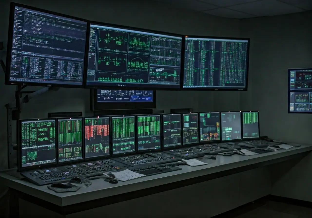 A high-tech security control room with multiple screens displaying data. 35mm stock photo