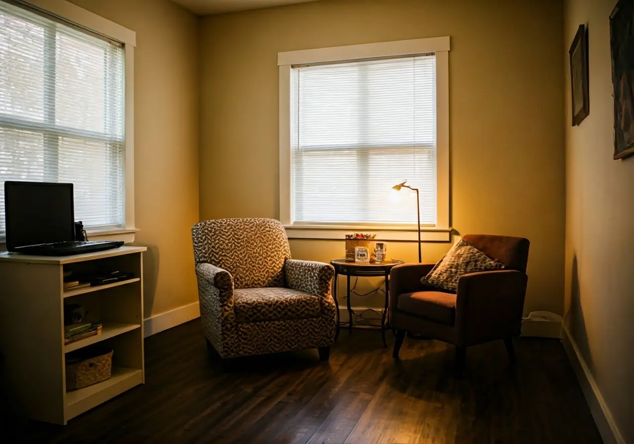 A therapist’s office with comforting, warm lighting and decor. 35mm stock photo