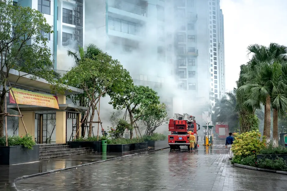 Firefighters respond to a building fire, battling smoke in an urban residential area.