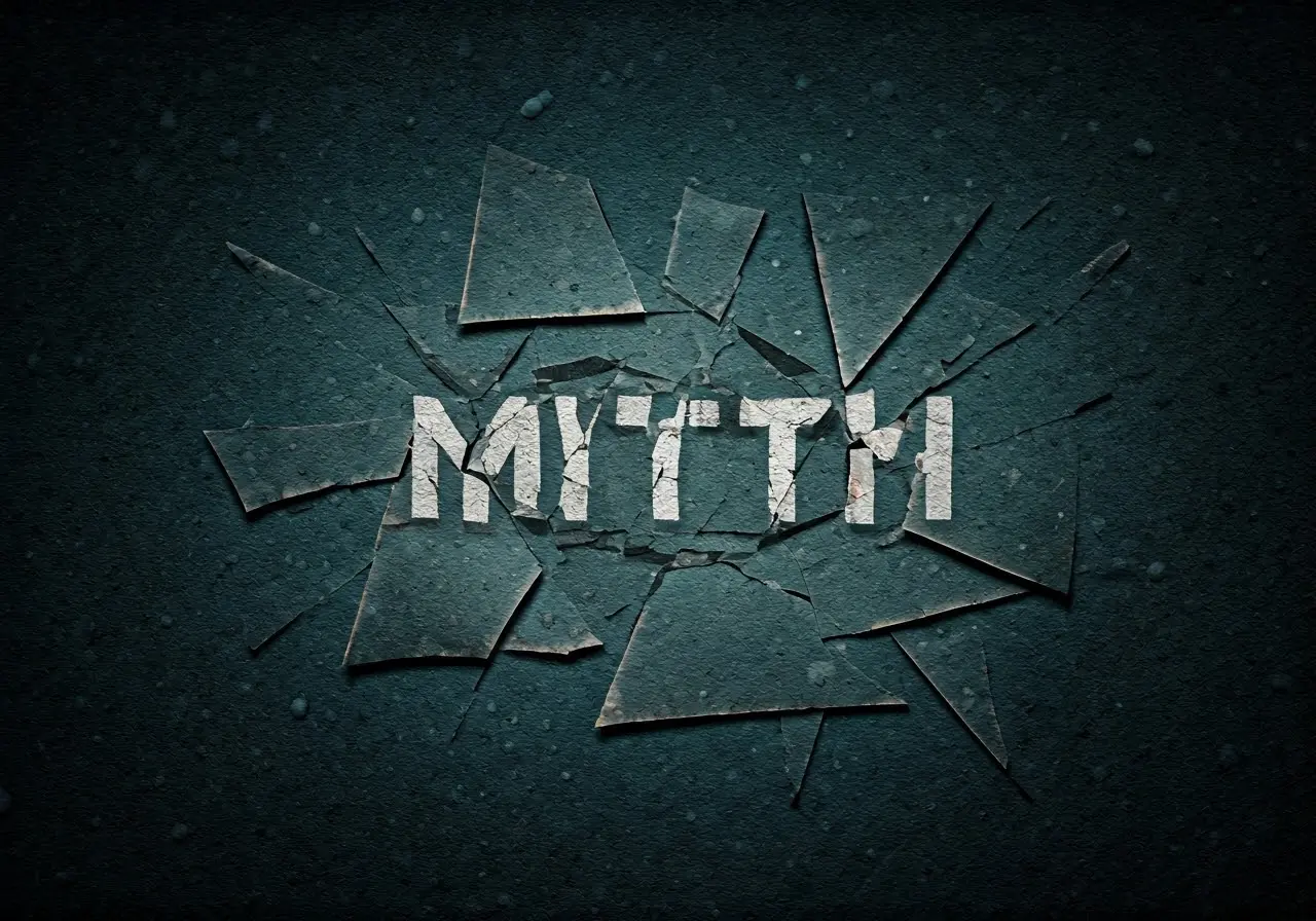 A shattered myth word collage on a dark background. 35mm stock photo