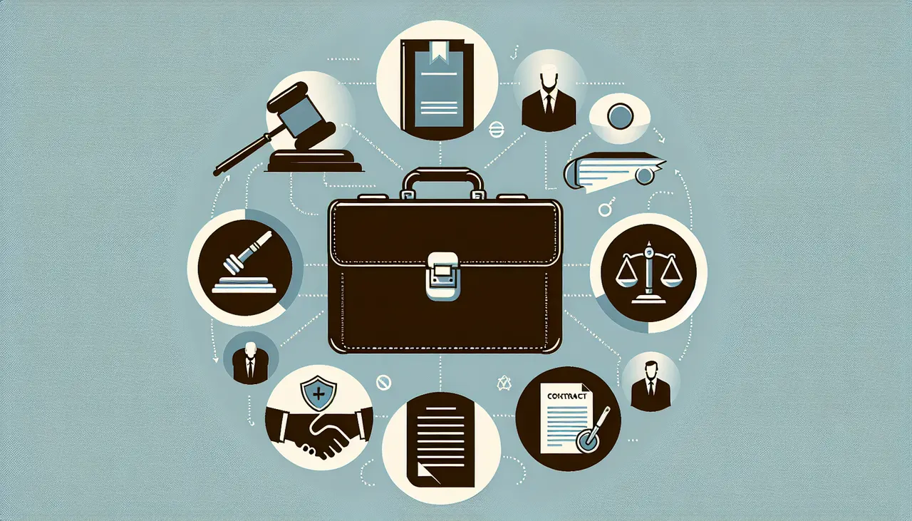 Draw a graphic in flat design style. A flat design illustration of a briefcase with legal symbols like a gavel, scales of justice, and a contract around it, symbolizing business legal challenges.