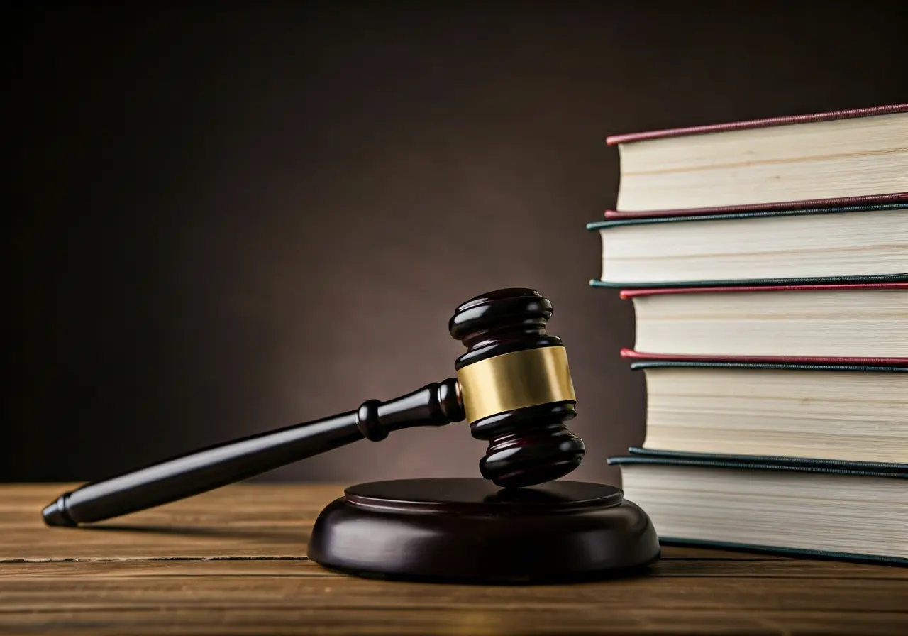 A gavel resting on a stack of law books. 35mm stock photo