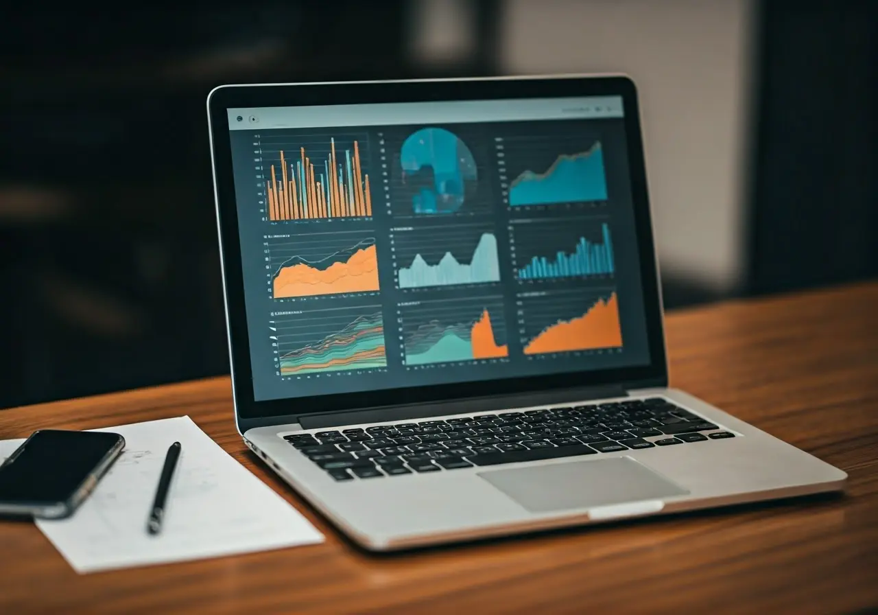 A laptop displaying digital marketing analytics and colorful graphs. 35mm stock photo