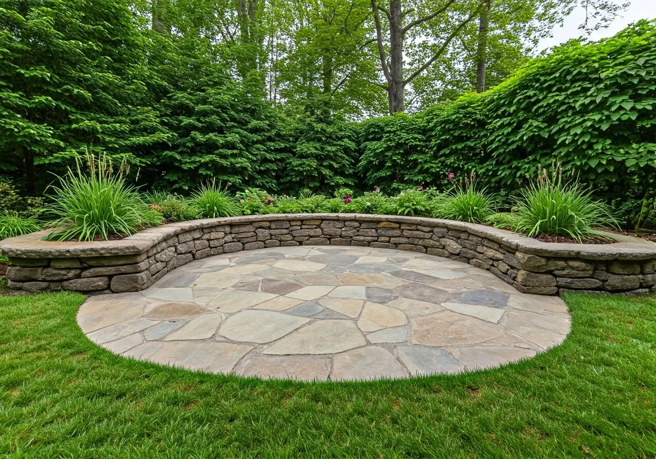 A beautifully crafted stone patio with lush green surroundings. 35mm stock photo
