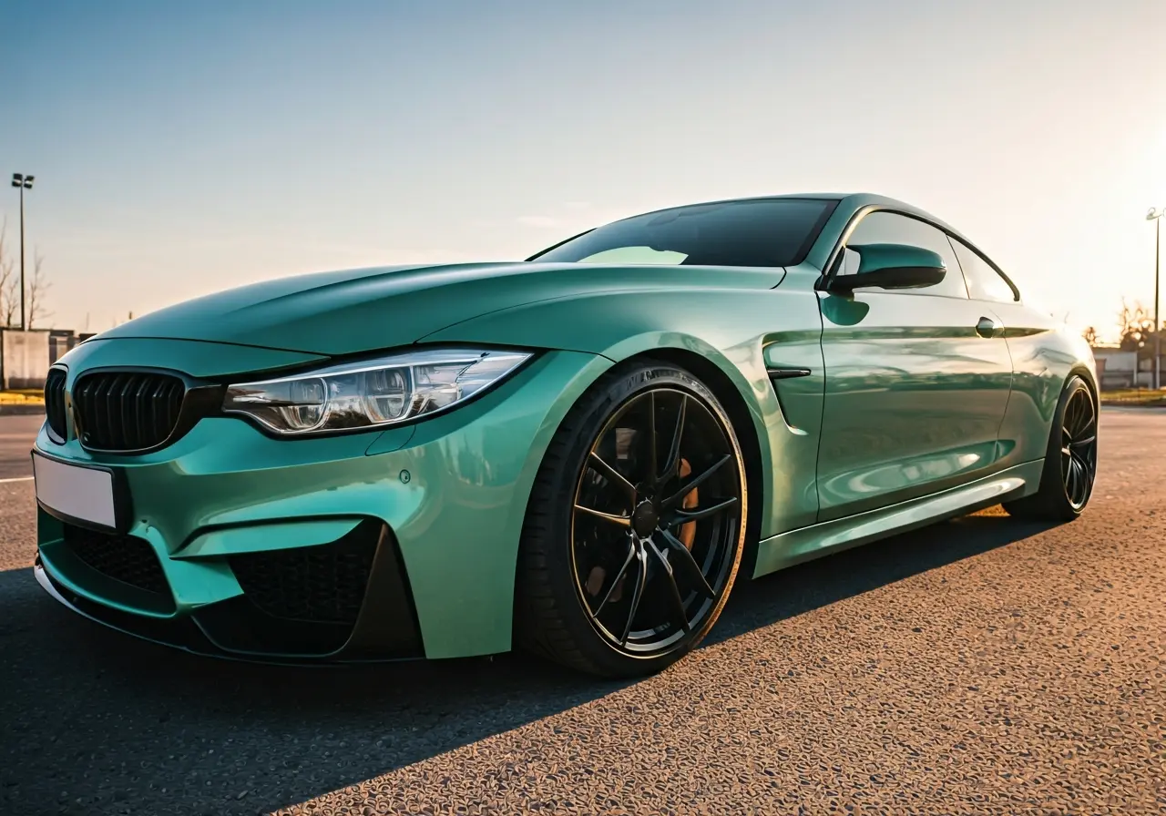 A shiny car reflecting sunlight showcasing a perfect ceramic coating. 35mm stock photo