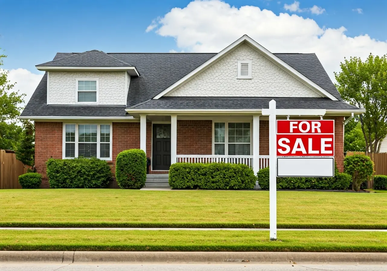 A house with a For Sale sign in front. 35mm stock photo