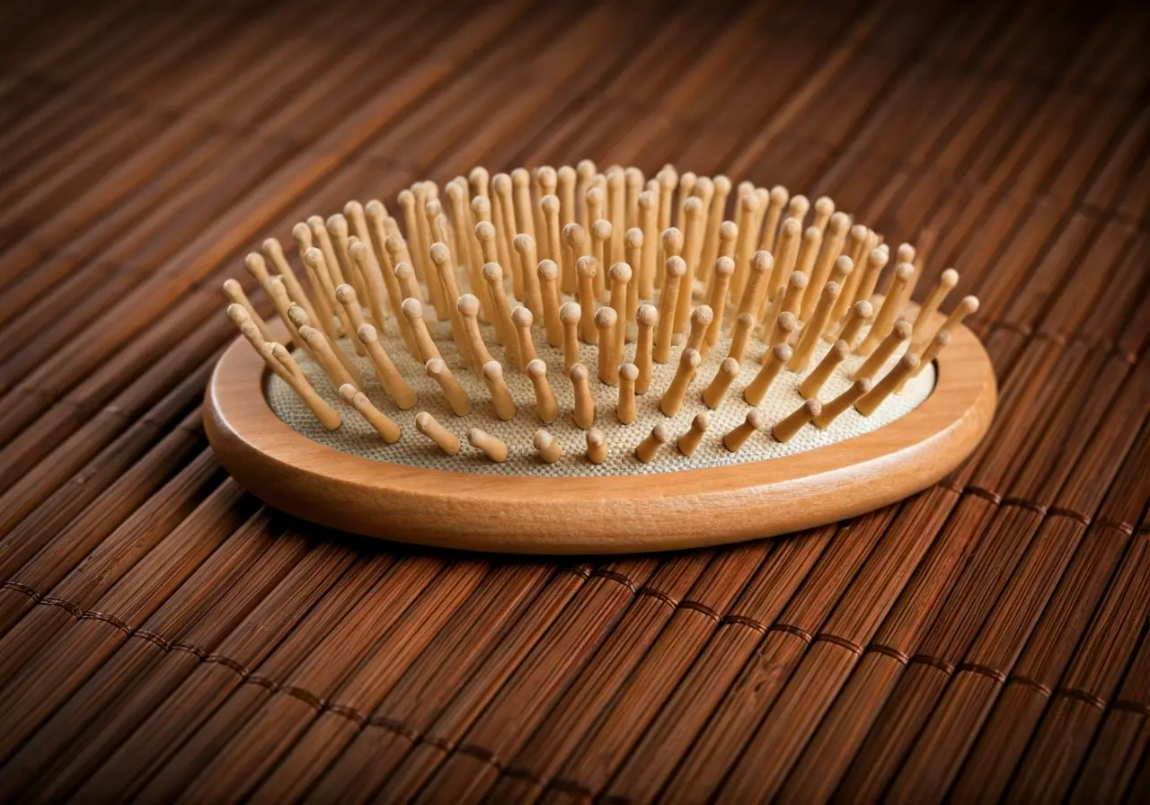 A wooden hair brush with natural bristles on bamboo mat. 35mm stock photo