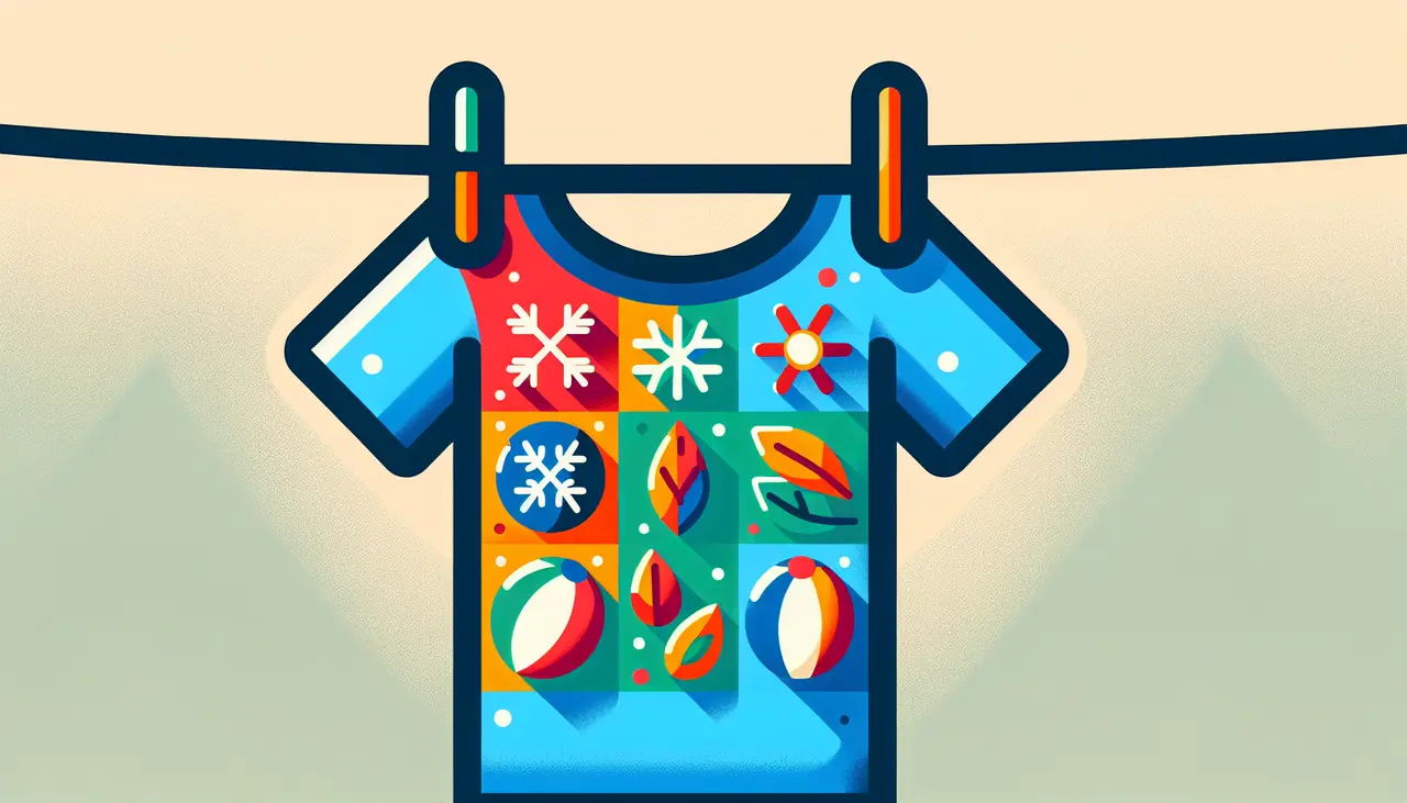 Draw a graphic in flat design style. A colorful t-shirt with various holiday-themed icons like snowflakes, beach balls, and leaves, hanging on a line with a simple background.