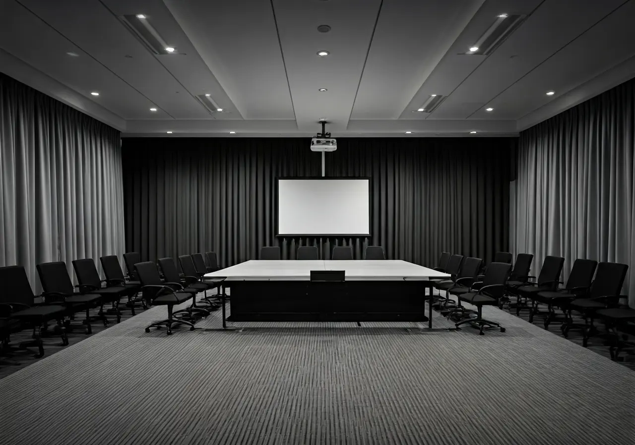 Modern conference room with high-tech audio-visual equipment installed. 35mm stock photo