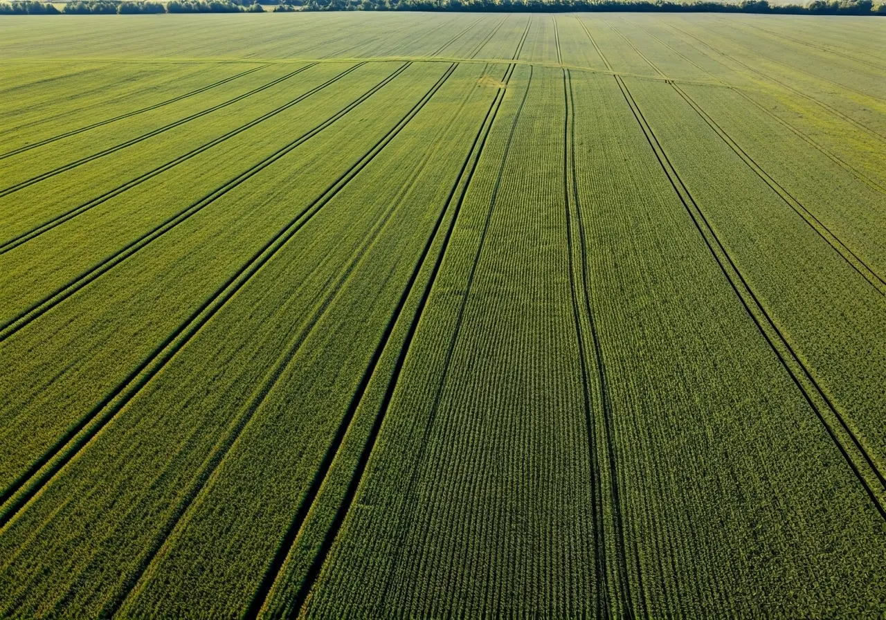 Aerial view of diverse crop patterns in a field. 35mm stock photo