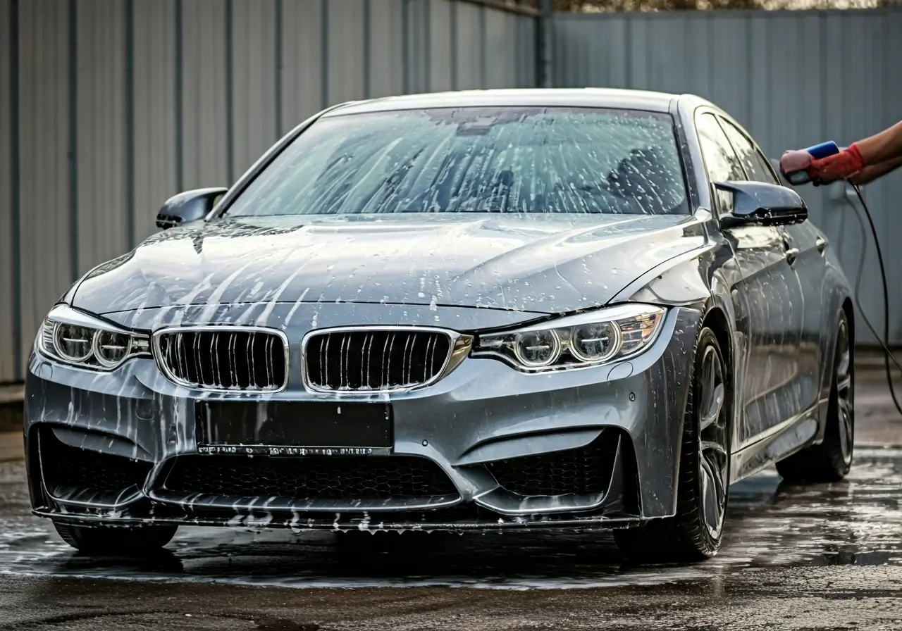 A gleaming car being hand-washed with soapy water. 35mm stock photo