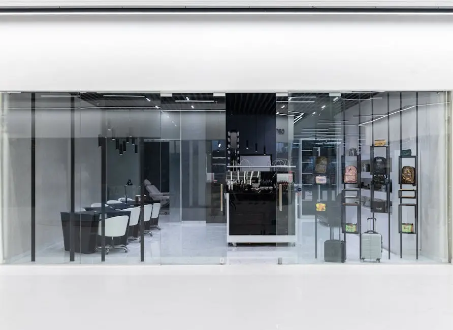 Sleek interior of a modern store with glass facade, stylish furniture, and display items.