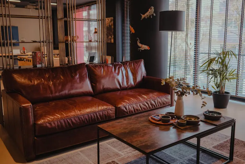 Cozy living room with a brown leather sofa and stylish decor elements.