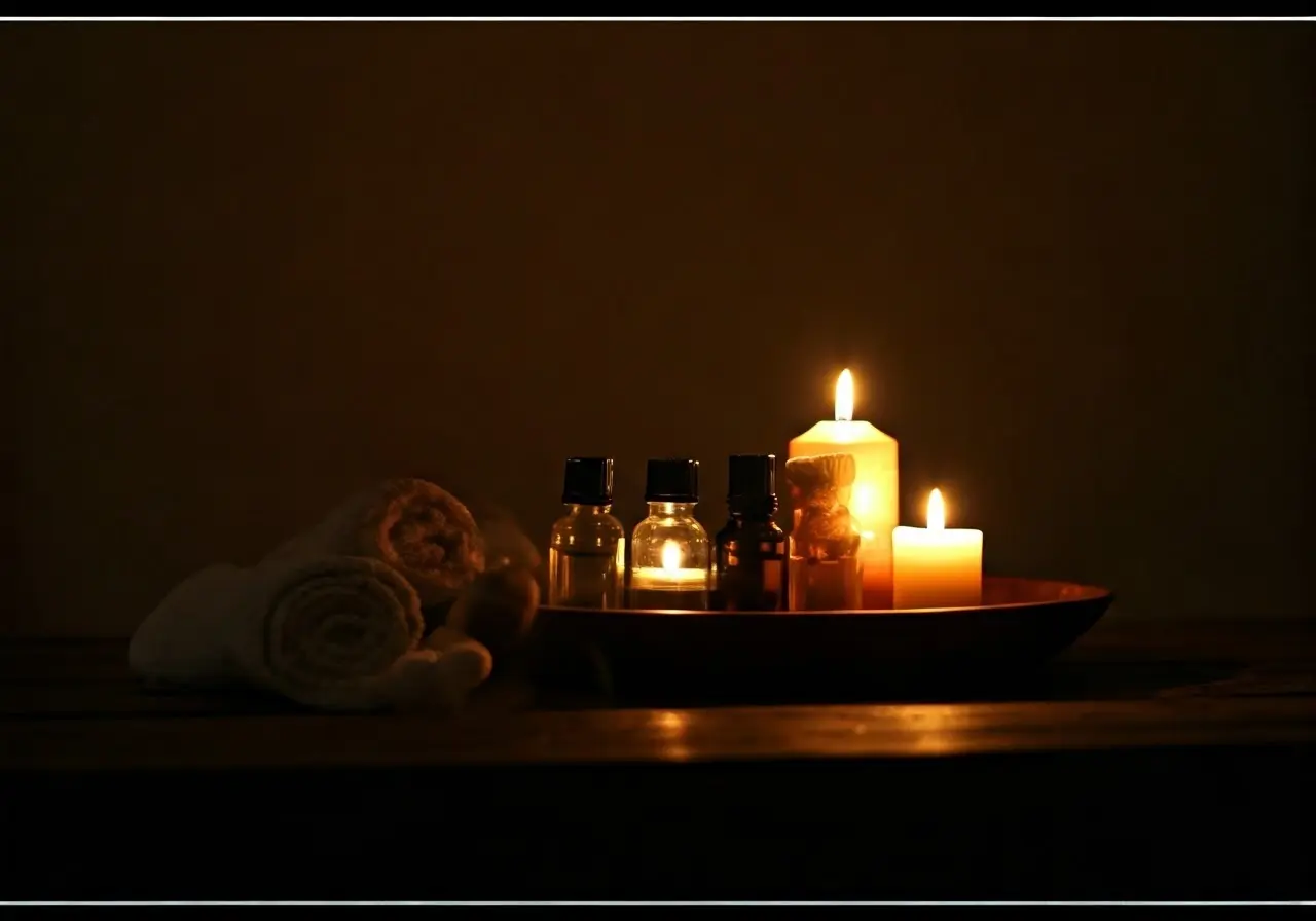 A serene spa room with candles and essential oils. 35mm stock photo