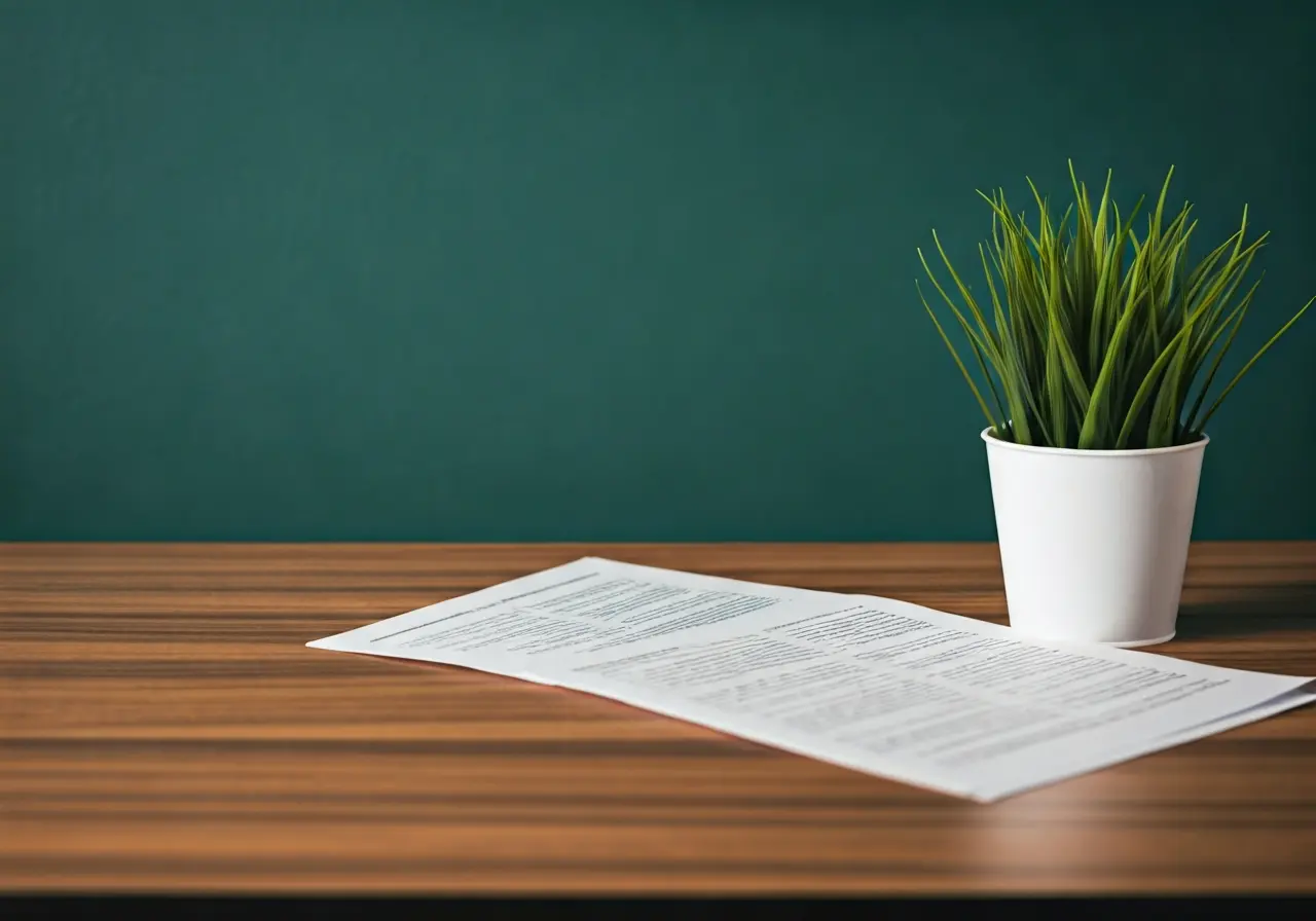 An organized desk with paperwork and a small plant. 35mm stock photo
