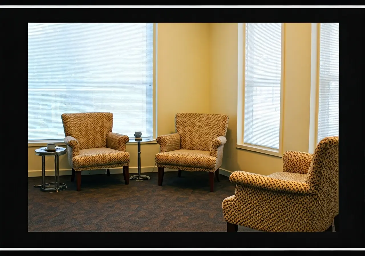 A serene counseling office with comfortable chairs and calming decor. 35mm stock photo