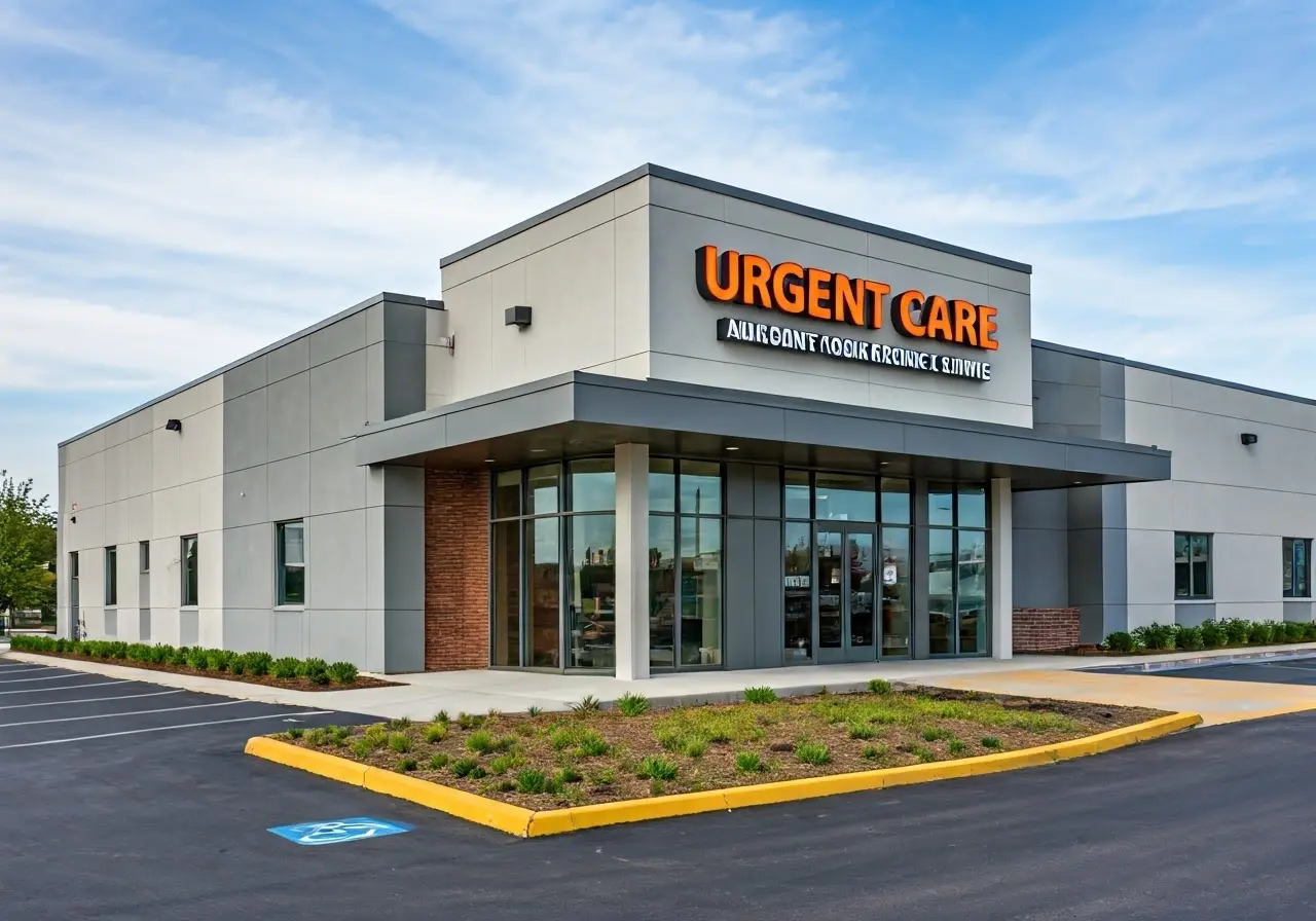 A modern urgent care clinic building exterior with clear signage. 35mm stock photo
