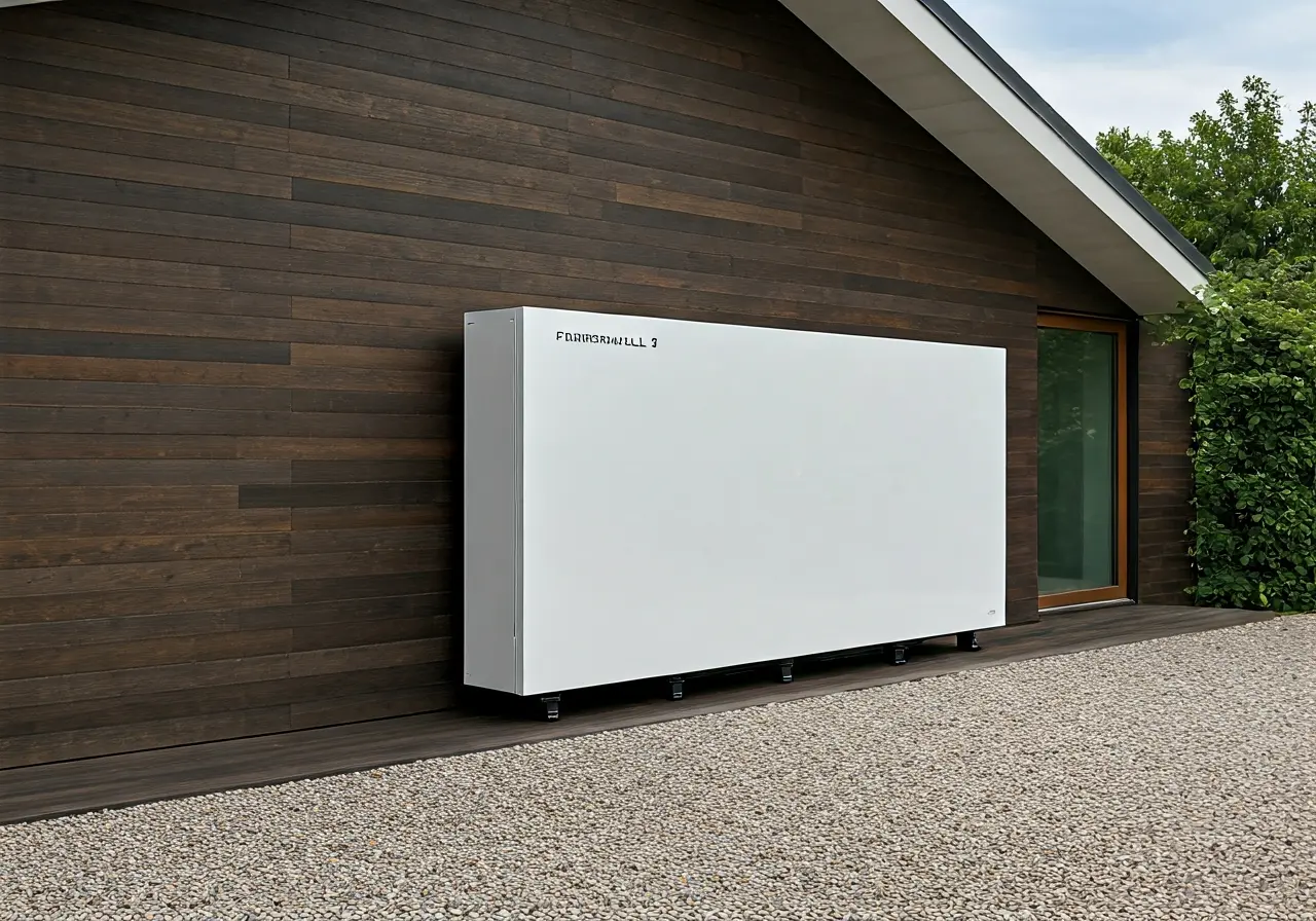 A sleek Powerwall 3 installed on a modern home exterior. 35mm stock photo