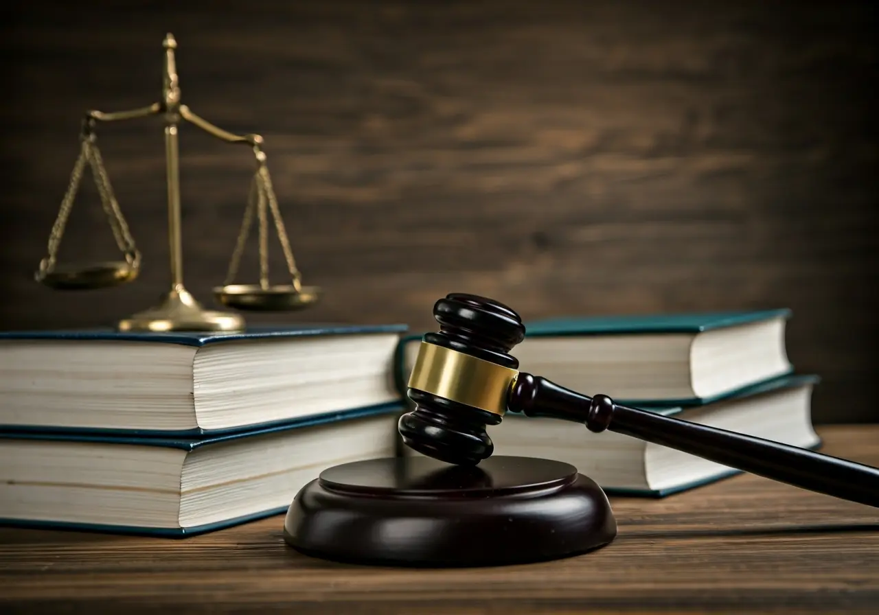 A gavel and legal books on a wooden desk. 35mm stock photo