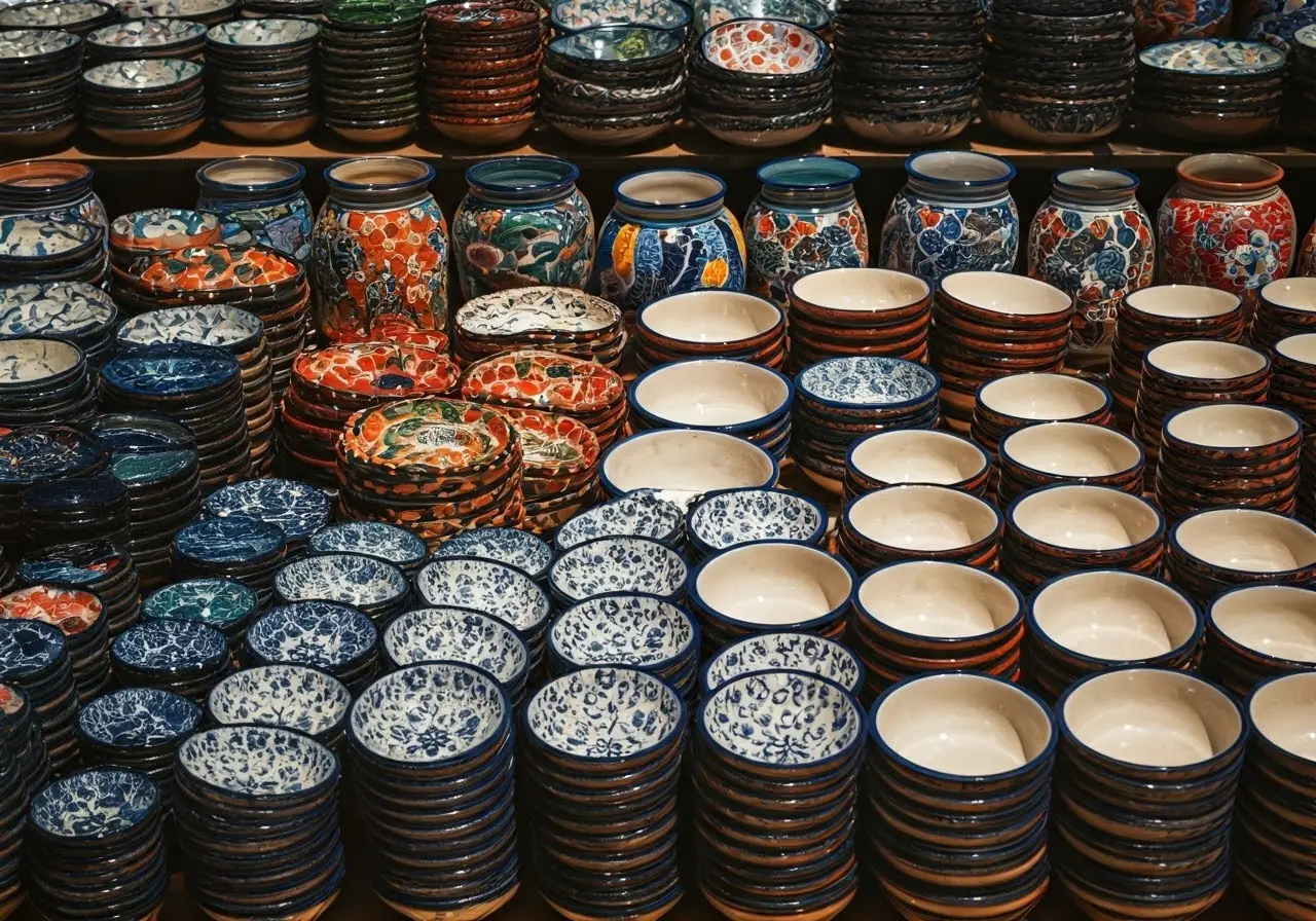 A vibrant display of colorful, traditional Mexican pottery. 35mm stock photo