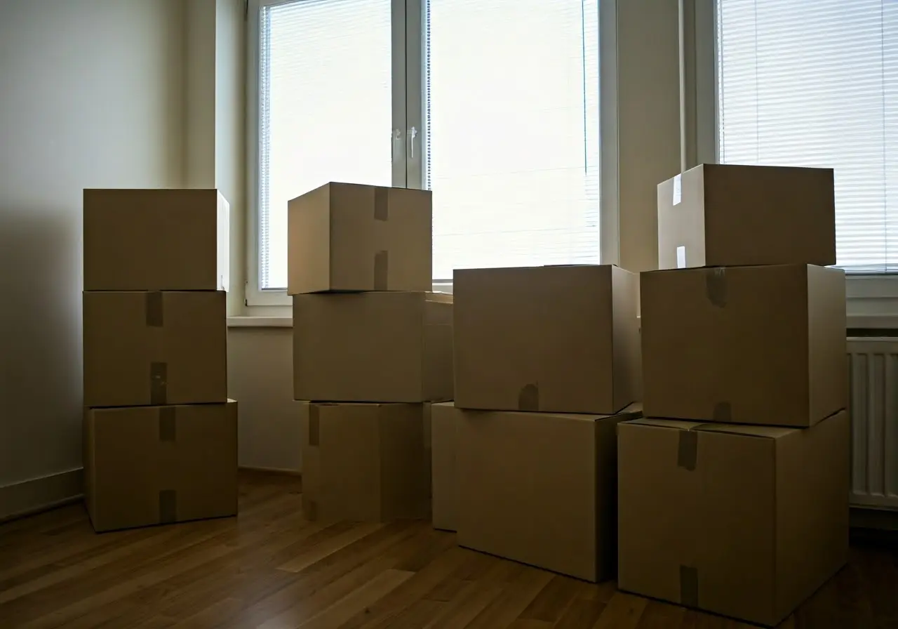 Moving boxes stacked in a bright, tidy dorm room. 35mm stock photo