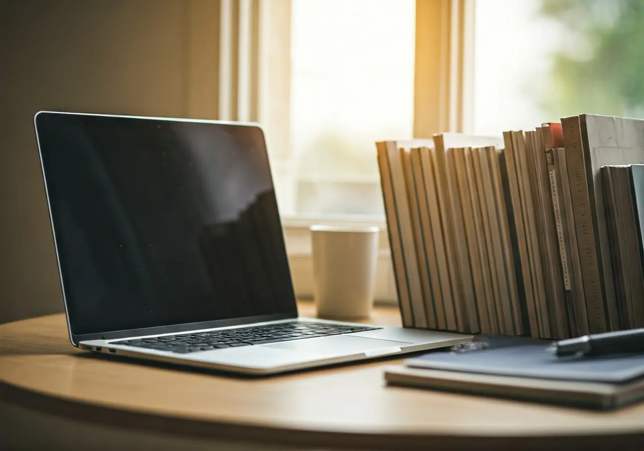 A tidy home office space with a laptop and books. 35mm stock photo