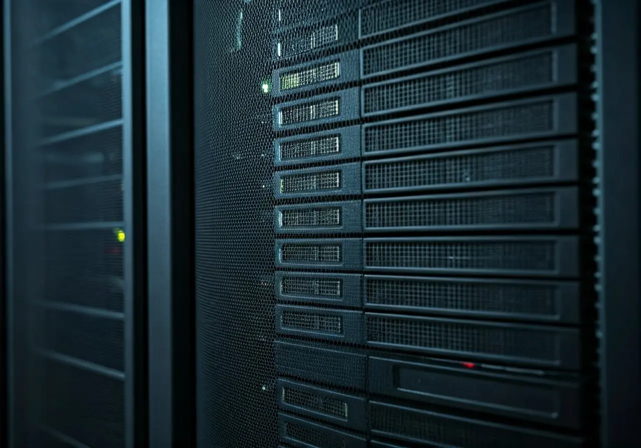 A close-up of computer servers in a data center. 35mm stock photo