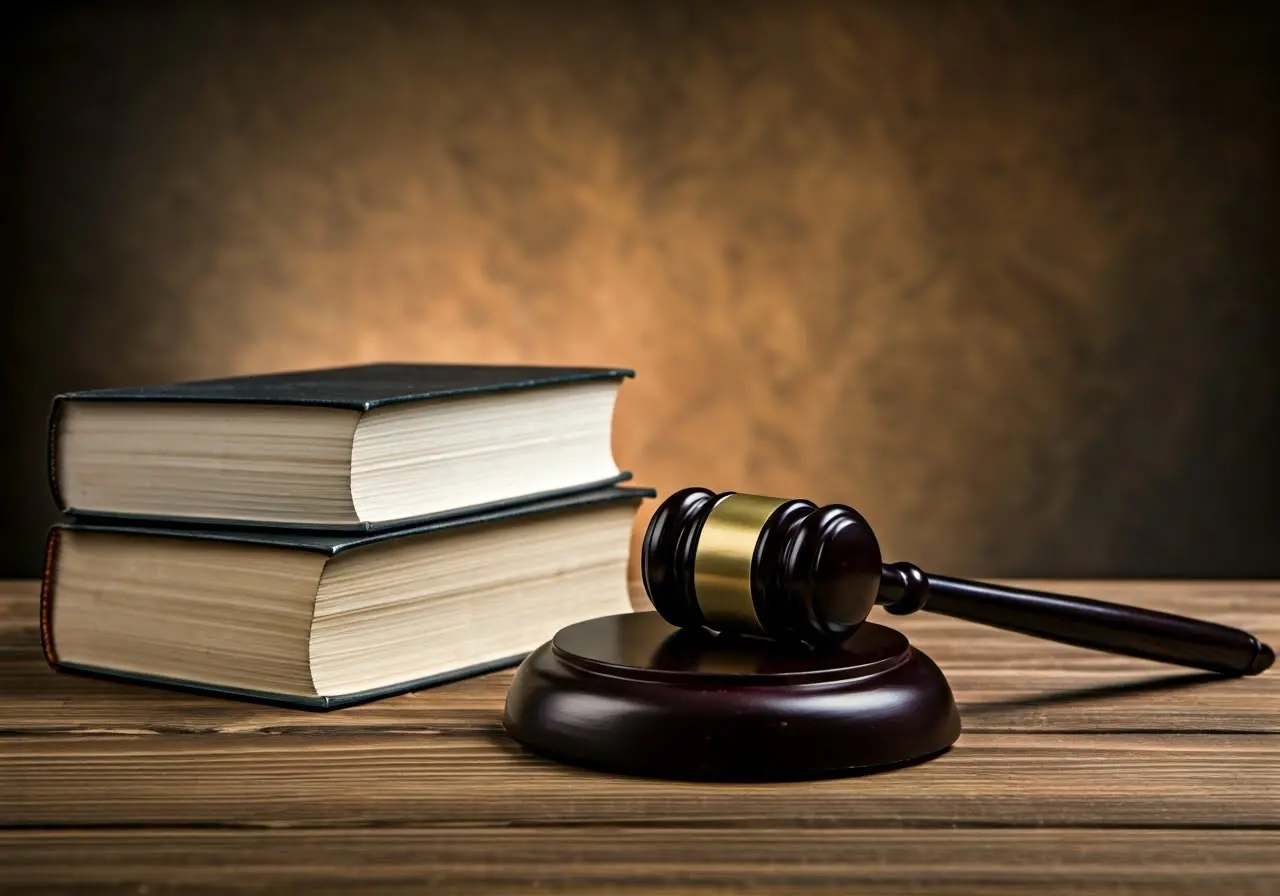 A gavel and law books on a wooden desk. 35mm stock photo
