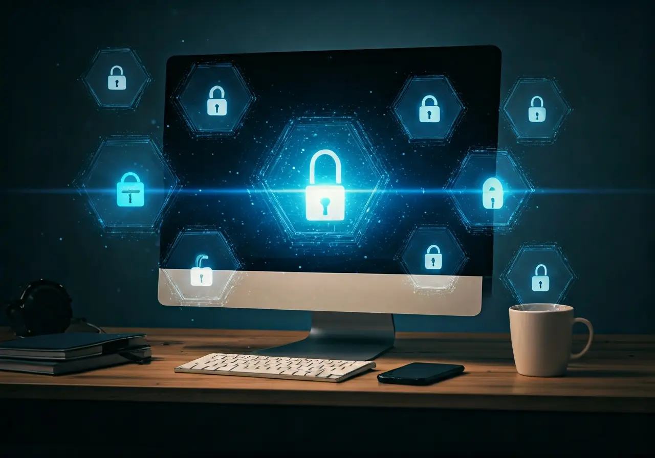 A small business computer with digital security icons overlay. 35mm stock photo