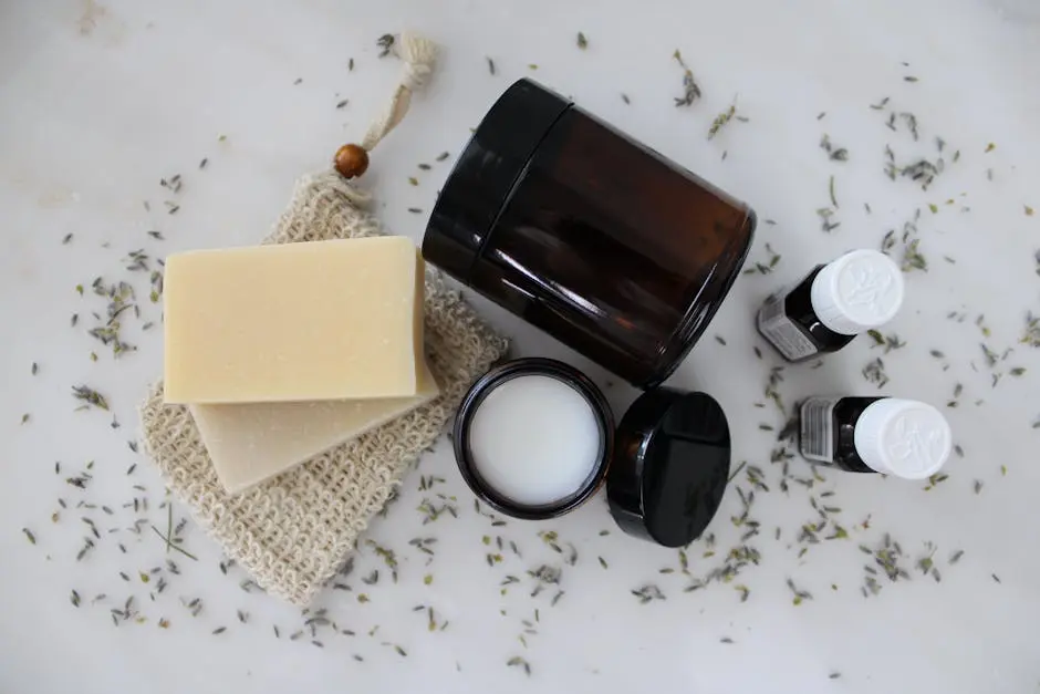 A flat lay featuring soap, cream, and essential oils for a luxurious skincare ritual.