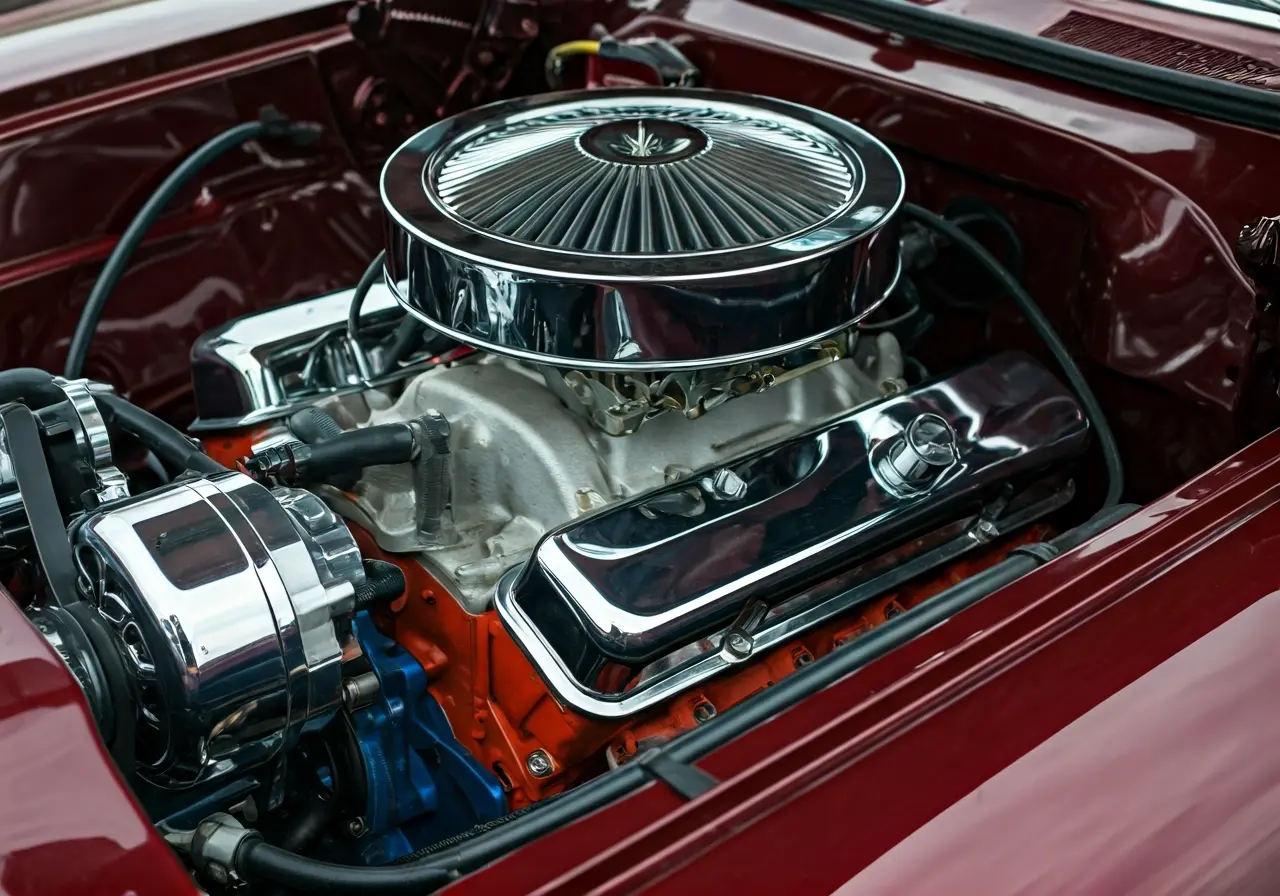 A clean, gleaming engine bay with a shiny chrome finish. 35mm stock photo